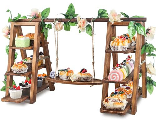 Wisreach Wooden 3 Tier Cupcake Stand with Swing and Flower Decoration Serving Removable Tray Display Serving Ladder Foldable Stand with Serving Platter Tray Party Food Display Set for Cake Snack Fruit Chips Bread Centerpieces Catering