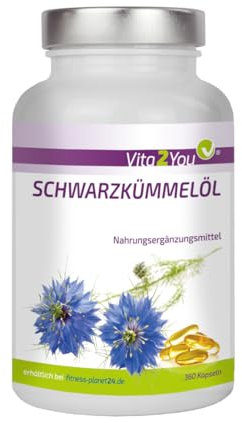 Vita2You Schwarzkümmel Öl Kapseln - 360 Softgels - 1000mg pro Tagesdosis - 57% Linolsäure mit Vitamin E - Hochdosiert in Premium Qualität