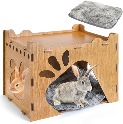 Yesland Rabbit Hideout Castle, Large Wooden Bunny Houses and Hideouts with Pet Pad, Detachable Small Animal Play Hideaway Hut and Playhouse for Indoor Bunnies Guinea Pig Hamster Chinchilla Gerbi