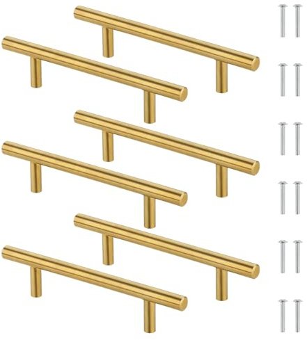Luxeu Tiradores Armarios, 6 Piezas Tiradores Cocina Dorados, 96mm Distancia de Agujeros, Puxadores Cozinha con 12 Tornillos, Acero Inoxidable, para Gabinete, Cajón, Armario