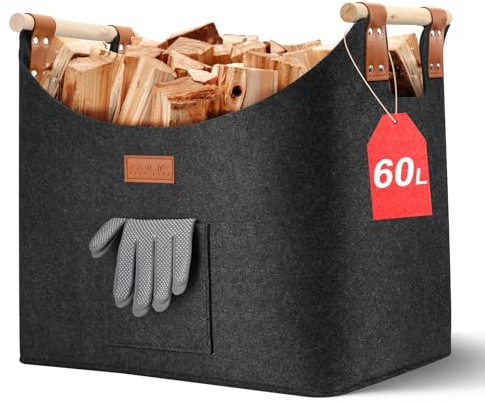 Ezilif Holzkorb für Kaminholz Groß XL, Kaminholzkorb mit Doppelt Verstärkten Leder, 60L Brennholzkorb aus Filz, Filzkorb Kaminholz mit Fronttasche, Faltbarer Korb für Kaminholz 45x32x40cm