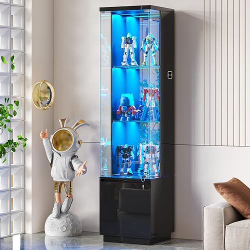 Lockable Curio Display Cabinet with Glass Door and 3 Color Lights,black