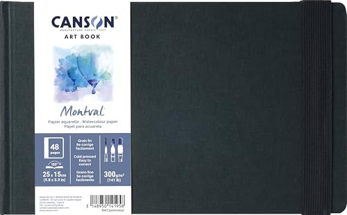 Canson Professional Book, Carta per acquerelli, grana fine, 300gsm, Quaderno cucito, copertina rigida, 25 x 15 cm, bianco, 24 fogli