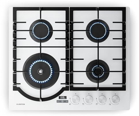 Klarstein Ignito Gaskochfeld, 4-Brenner Aluminium, 8000W, Timer & Temperaturregelung, Flammenausfallschutz, Gusseisen-Topfhalter, Gasherd für Erdgas & Flüssiggas, 56x49cm, Weiß