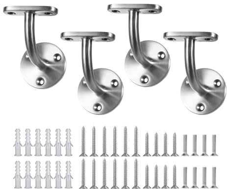 Flat Handrail Bracket, 304 Stainless Steel Wall Mount Hand Rail Bracket, Satin Finish Stair Railing Holder Indoor Outdoor for Staircase, Bathroom, Banister - 4 Pack for Square Rail