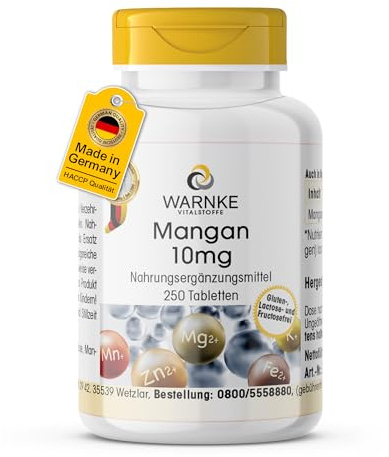 Manganese 10mg - 250 compresse - 10mg per compressa - Gluconato di manganese - ALTO DOSAGGIO - Qualità farmaceutica tedesca - Vegano | Warnke Vitalstoffe