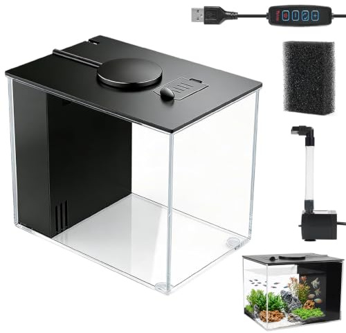Umllpet Mini Aquarium Acrylique 3,7L Kit Complet, Nano Bac Transparent avec Pompe Filtrante Silencieuse et Eclairage LED USB, Compact pour Poissons Crevettes Plantes Aquatiques Déco Intérieure