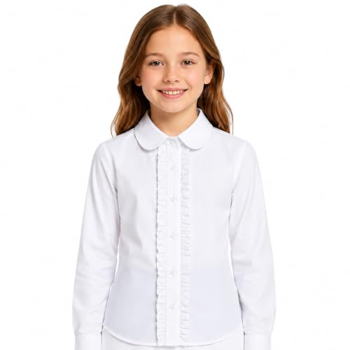 Bienzoe Flickor Skoluniform Skjorta: Barn Sommar Volang Knäppning Ner Långärmad Bomulls Oxford Blus