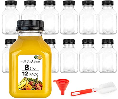 8 oz Juice Bottles with Caps - Reusable Clear Plastic Drink Containers (12 pack) - Mini Water Bottles with Labels, Brush & Funnel