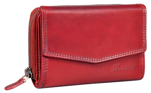 Benthill Portemonnaie Damen Leder - RFID Echtleder Geldbörse - Vintage Portmonee - Münzfach mit Reißverschluss, Farbe:Rot