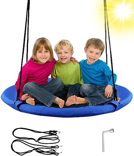 RELAX4LIFE Balançoire Nid d’Oiseau pour Enfants Extérieure, Siège Suspendu Rond avec Diamète de 100cm, Réglable en Hauteur de 100 à 160cm, Balançoire de Jardin avec Charge Maximal de 150kg, Bleu
