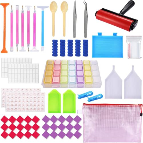 BEYAOBN Diamond Painting Zubehör Set,91 Stück DIY 5D Diamond Painting Werkzeug Set mit Diamant Anstrichwerkzeug Roller,Platte, Pinzette, Taschen, Etikette, Löffel, Clip, Sortierbox für DIY Art