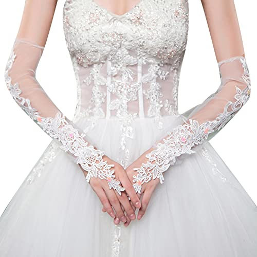 ihreesy Fingerlose Damen Handschuhe, Lange Armstulpen Braut Spitzenhandschuhe Blumenspitze Brauthandschuhe Fingerlose Hochzeithandschuhe Handgelenk Handstulpen für Fahren Hochzeit Oper Party,Weiß