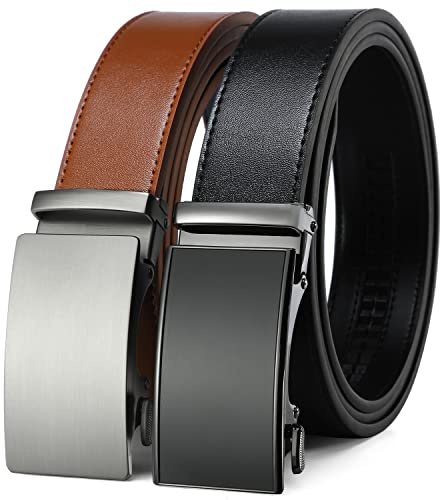 2-pack spärrbälte 1 3/8 tum, herrläderklänningsbälte i presentset storlek 71 cm – 157 cm justerbar midja trim för att passa, Svart/brunt läderbälte, 42-52 Waist Adjustable