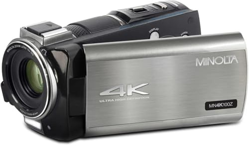 Minolta 4K Ultra HD Camcorder with 3.5-inch Touchscreen – 10x Optical Zoom, 28MP Photos, Digital Stabilizer, Accessory Shoe Mount, Time Lapse, Face Detection, 32GB Card, Remote Control (Gunmetal)