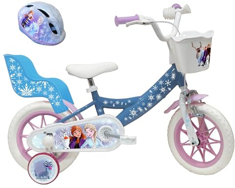 Vélo ATLAS Mädchen Fahrrad 12 Zoll Frozen Ausgestattet mit 1 Bremse, Korb Vorne, Puppentür Hinten, Schutzblech, Gehäuse und Stabilisatoren + Eiskönigin Helm Kinderfahrrad, himmelblau