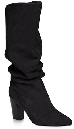 Coutgo Womens Slouchy Knee High Boots Wide Calf Chunky Heel Pointed Toe Pull On Long Boots Winter Shoes Z-Black