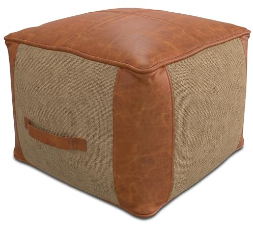 SIMPLIHOME Atkinson Boho Square Pouf in Tan Genuine Leather for the Living Room, Bedroom and Kids Room