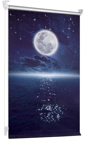 Verdunklungsrollo ohne Bohren/mit Bohren Thermorollo klemmfix Mond und Sterne Fluoreszierend B80 x H120 cm (Stoffbreite 75cm) Blau, Hitzeschutz und Sichtschutz, Wandmontage