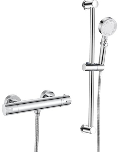 Thermostat Duscharmatur mit Brausegarnitur, Wand Duscharmatur Komplettset Duschsystem mit Thermostat, Duschset mit Duschstange 635mm | Handbrause | 1.5m Schlauch, Chrom, Sicherheitssperre bei 38 °C