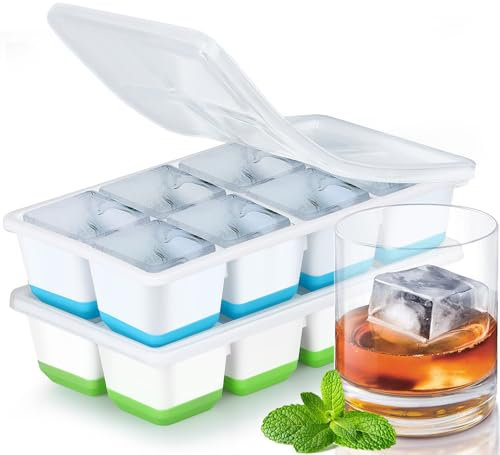Stampo Ghiaccio Grande, JRISBO Set 2 Stampi con Coperchio per Cubetti Ghiaccio Silicone senza BPA, Formine Cubi Ghiaccio Forma Vaschette Ice Cube Tray per Cocktail Birra Whisky (Blu + Verde)