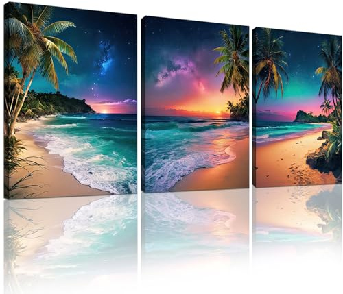 weiyiart 3 Panels Palm Tree Beach Wall Art, Cool Ocean Sunset with Northern Lights Canvas Prints, Tropical Coastal Seascape Decor for Living Room Bedroom Bathroom Office, 12x16x3pcs