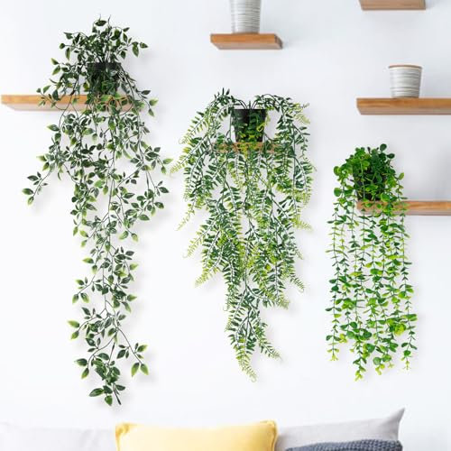 N&T NIETING 3 Stück Künstliche Hängepflanzen, Kunstpflanze Eukalyptus Blätter mit Töpfen, Künstliche Pflanzen Wartungsfreie Plastikpflanzen Fake Plant für Hausgarten Büro Garten Indoor Outdoor Decor