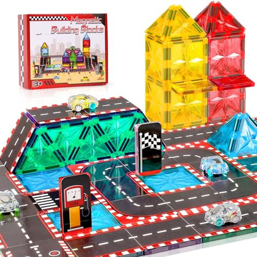 COOLJOYA Magnetic Building Blocks 65 Pieces, Magnetic Building Blocks Kids Girl 3 4 5 6 7 Years Old Town Road Ornaments Set