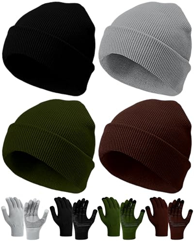 Shyyween 8 Pcs Winter Beanies and Gloves Set for Men Women, Stretchy Knitted Hats Touch Screen Gripper Glove Unisex Warm Gift(Black, Army Green, Brown, Gray)