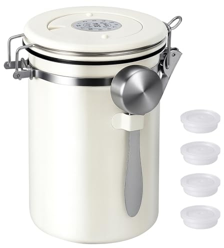 Kirecoo Stainless Steel Coffee Canister - 22OZ Airtight Coffee Bean Storage Grounds Container Holder with Date Tracker & Measuring Scoop, Kitchen Food Canister Jar for Cereal, Sugar, Tea, Flour, Gifts