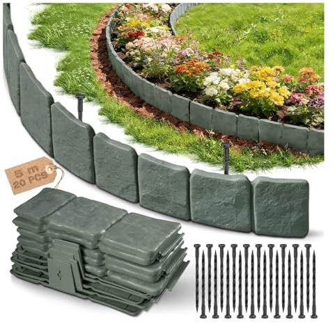 Bordure Jardin Exterieur, Bordures de Jardin Flexible Plastique, Petite Cloture Jardin Exterieur, Palissade Jardins Exterieurs, Épaissi Bordure de Pelouse, Pierre d'imitation - 5 m (Haut:10 cm) (Gris)