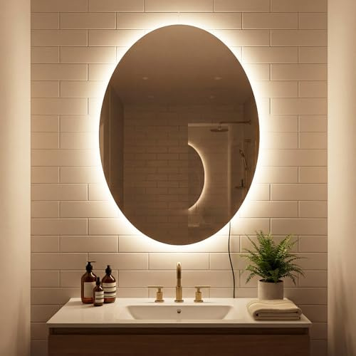 COSTWAY Specchio da Bagno Ovale 70 x 50 CM, Specchio da Toeletta con Luce LED, Antiappannamento, 3 Colori di Luce Dimmerabili, Funzione Memoria e Vetro Temperato Infrangibile per Ingresso