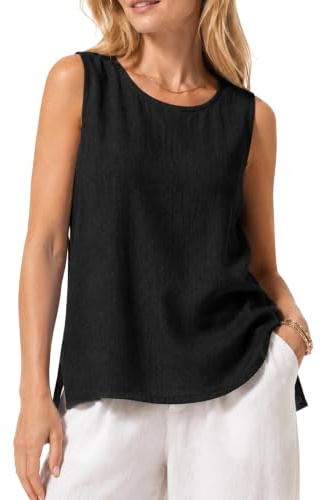 Cotton Linen Vest Tank Tops for Women Summer Casual Comfy Linen Shirts Loose Sleeveless Crew Neck Vests Gauze Lightweight Breathable Solid Color T-Shirts