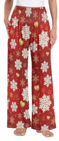 Jul snöflinga röd vida ben boho blommiga byxor | Dam smockad midja Palazzo byxor, casual hög midja breda ben byxor