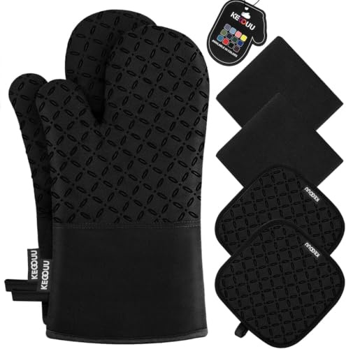 KEGOUU Oven Mitts and Pot Holders 6pcs Set, Kitchen Oven Glove High Heat Resistant 500 Degree Extra Long Oven Mitts and Potholder with Non-Slip Silicone Surface for Cooking (Black)