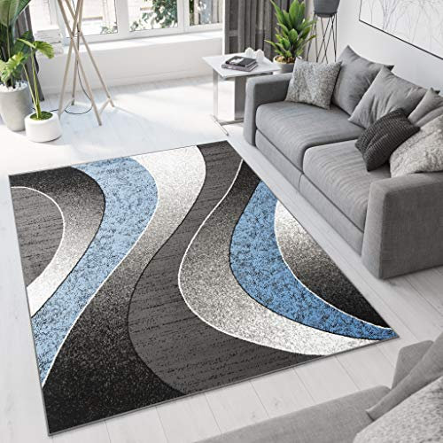 TAPISO Dream Teppich Wohnzimmer Schlafzimmer Esszimmer Kurzflor Modern Meliert Wellen Grau Dunkelgrau Blau ÖKOTEX 80 x 150 cm