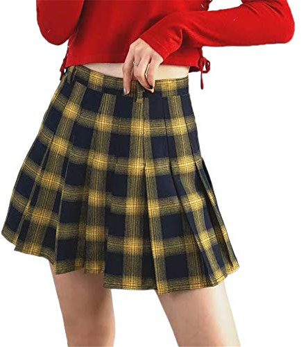 SIPEIEN Women's Pleated Plaid A-line Skirt Gothic High Waist Summer Flare Short Mini Skater Skirt （Yellow M）
