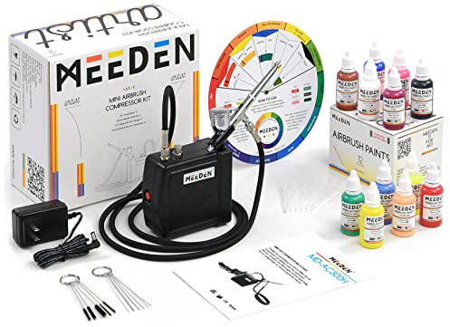 MEEDEN Mini Airbrush Set mit 1.8m Luftschlauch: Air Brush Kit Auto Stop mit Dual-Action Air Brush Pistole 12 x 30ml Acryl Farbset Reinigungbürste für Modelllackierung Tattoo Graffiti - Schwarz