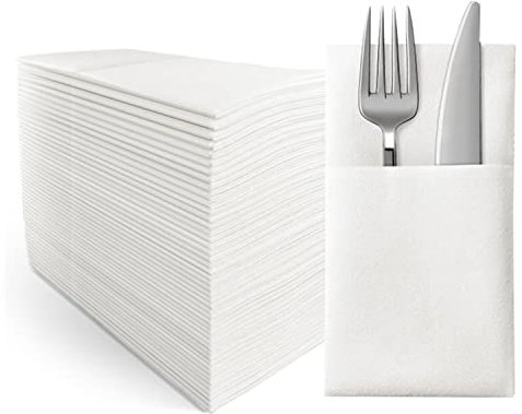 JINYUDOME Engångsvita servetter, middagsservetter med linnekänsla med inbyggd bestickficka, tygliknande servetter för fest, bröllop eller evenemang, absorberande och mjuk, stor storlek 40 x 40 cm, 50