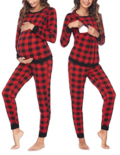 Ekouaer Pijama de Lactancia para Mujer de Manga Larga a Rayas trmico para Invierno para Embarazo Lactancia, Cuadros, M