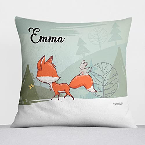 Sunnywall® Kissen mit niedlichen Motiv für Kinderzimmer Babyzimmer Kuschelkissen Tiermotive individuell personalisiert 40 x 40 cm (40 x 40 cm, Fuchs & Maus)