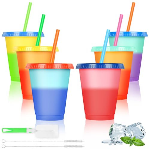 AUAUY Plastikbecher Mehrweg mit Deckel & Strohhalm, 6 Stück 475ml Farbwechsel Becher, mit 2 Strohbürste+1 Schwammbürste, Travel Mug Tumbler Eiskaffee Kaltes Trinken Smoothie Saft für kinder Erwachsene