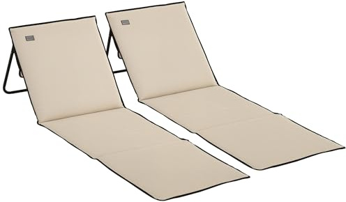 Outsunny Uppsättning av 2 strandmattor, vikbar strandstol med bärväska, solstol med justerbart ryggstöd, solstol som belastar 110 kg, strandmadrass, magasinväska för trädgård utomhus, beige