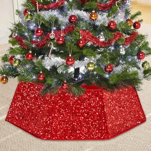 Base Albero di Natale, Paillettes Albero di Natale Gonna Ø80 cm Pieghevole Supporto Decorazione del Capodanno per Interni ed Esterni (Rosso)