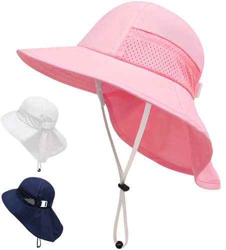 JinBei Fille Chapeau de Soleil, UPF 50+ Anti-UV Réglable Rose Casquette de Cou Protection, Enfants Chapeaux de Seau Respirant Tout-Petits Chapeau de Plage d'été pour 2-6 Ans