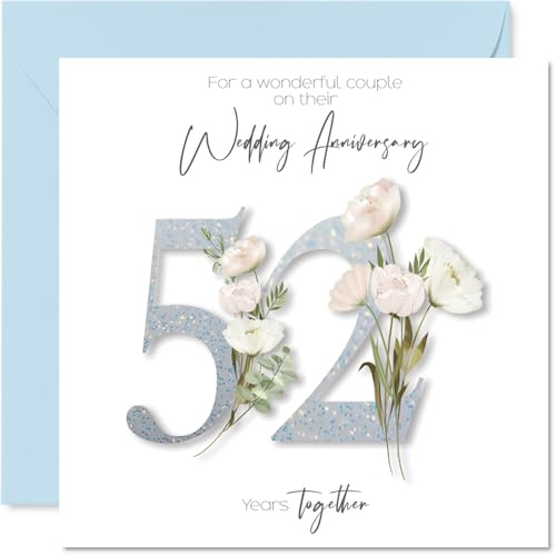 Tarjeta de 52.º aniversario de boda para pareja – Elegante diseño floral – Tarjeta cuadrada con sobre, mensaje interior – Calidad prémium 145mmx145mm