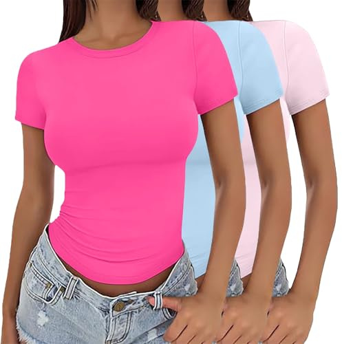 3 Pack Short Sleeve Tops For Women Uk 2025 Fashion Solid Color Crew Neck Shirt Summer Lightweight Slim Fit Y2K Basic Tops Soft Comfortable Double Lined Top Stretch Tight Crop Tee Pullover T-Shirts