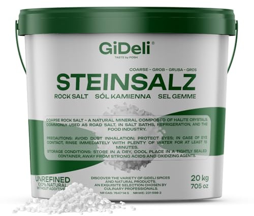 GiDeli Sal de roca gruesa 20 kg natural sin refinar sin aditivos para baños, alimentos, refrigeración, calles