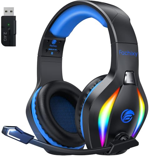 Fachixy FC100 Wireless Gaming Headset With Mic - 2.4GHz & Bluetooth Headphones, 3D Stereo Sound & 50Hrs Battery Life, For PS5, PS4, Mac, PC, Tablets, Blue