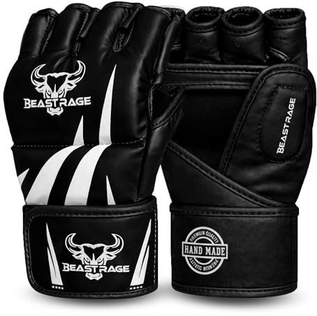 BEAST RAGE MMA-Handschuhe Herren für Grappling Handschuhe MMA Muay Thai Kickboxen Handschuhe mit Handgelenkstütze, stoßdämpfender Polster für Damen Fighting, BJJ Kinder (Schwarz, L/XL)